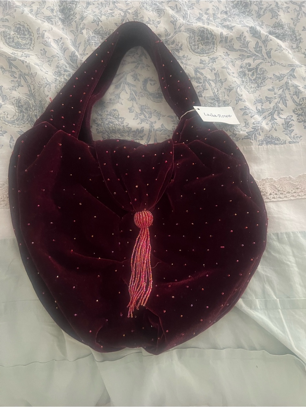Laila Rowe Burgundy Velvet Beaded Tassel Shoulder Bag NWT